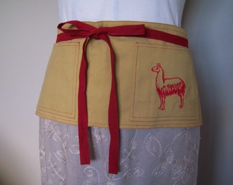 Brushed denim Cafe Apron, Red Llama embroidery, 2 Pocket Half apron, Utility Half apron, Crafters apron