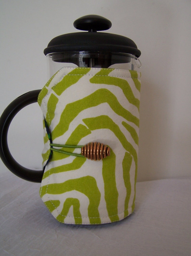 French Press Cosie, Bodum Coffee Press Cosy, Press Pot Sleeve, Lime Green Zebra Stripe Cosy cover image 1