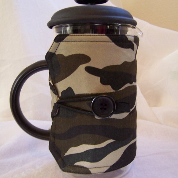 Camouflage French Press Cozy, Reversible Hot Pot Sleeve, fits 8 Cup Bodum,