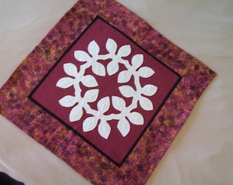Maile Leaves Hawaiian Quilted Wall Hanging, ClaretRed  hand quilted  Ready to ship