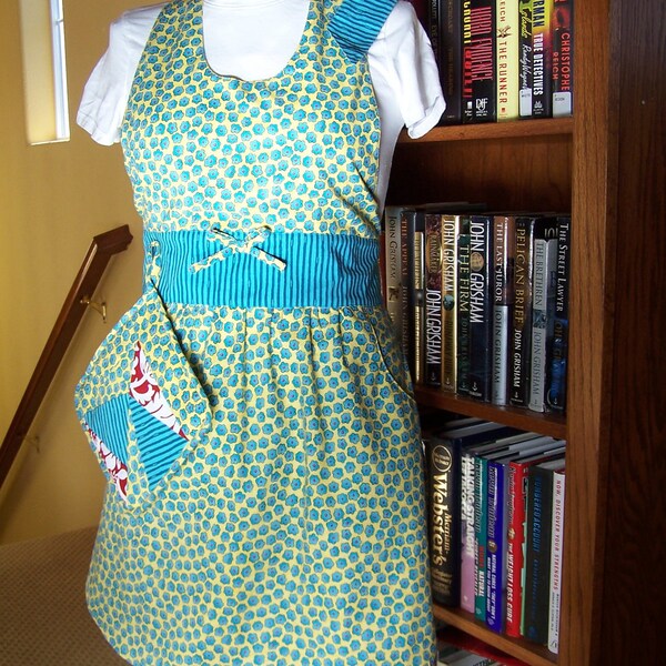 Was 28, Sale, Blue Flowers & stripes,  Women's Full Apron, Oven Hot Pad, Ready to ship