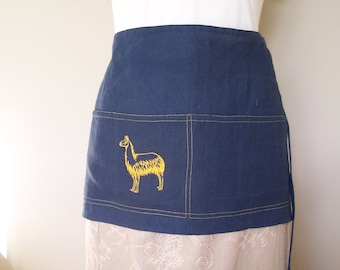 Linen Cafe Apron,  Llama Embroidery, 2 Pocket Half apron, Utility Half apron, Crafters apron