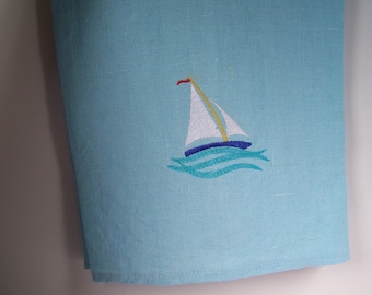 Embroidered  Linen Tea Towel Linen Tea Towel, Sailboat Absorbent linen towel, kitchen tea towel, dish towel, Hostess gift,