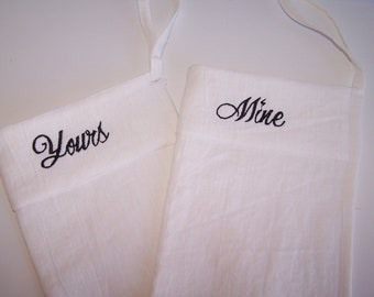 White Linen Shower Scrub Mitt Set, 100% Linen Bath Glove, Two Shower Mitts, Yours and Mine