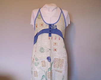 Apron with Tulips and blue trim, two pocket cooking apron, faux linen fabric apron, long ties