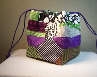 Japanese Rice Pouch, Purple and Green, Komebukuro, Project Bag, Catch all purse, Cosmetic carrier, Organizer, Container