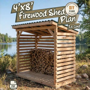 May include: A wooden firewood shed with a sloped roof and horizontal slats, filled with stacked logs. Text on the image reads 4'x8' Firewood Shed Plan, 1.5 Cord, and DIY Plans for Makers. A PDF icon is visible at the bottom of the image.