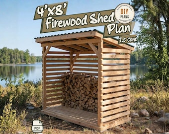 May include: A wooden firewood shed with a sloped roof and horizontal slats, filled with stacked logs. Text on the image reads 4'x8' Firewood Shed Plan, 1.5 Cord, and DIY Plans for Makers. A PDF icon is visible at the bottom of the image.