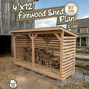 May include: A wooden firewood shed plan, 4' x 12', with a capacity of 2 cords. The shed is constructed of light-colored wood and features a slatted design for ventilation. The image includes text that reads "DIY Plans for Makers".