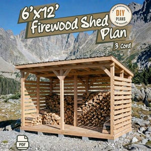 May include: A wooden firewood shed plan, labeled 6'x12', with a capacity of 3 cords. The shed is constructed of light-colored wood and features a slatted design for ventilation. The background shows a mountain range.