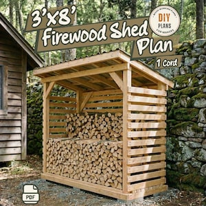 May include: A digital PDF document titled 3'x8' Firewood Shed Plan 1 Cord, featuring a wooden structure with a slanted roof and horizontal slats filled with stacked logs. The design includes a circular badge labelled DIY Plans for Makers.