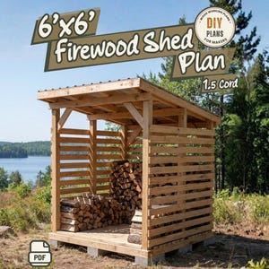 Può includere: Un piano per legnaia di 6'x6' con una capacità di 1,5 cord. Il documento riporta il testo 6'x6' Firewood Shed Plan, 1.5 Cord e DIY Plans for Makers. L'immagine mostra una struttura in legno con listelli orizzontali e un tetto spiovente.