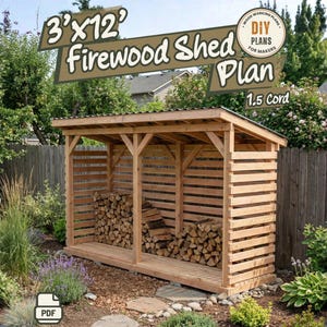 May include: A wooden firewood shed with a slanted roof and horizontal slat walls, filled with stacked logs. The text reads 3'x12' Firewood Shed Plan, 1.5 Cord, and DIY Plans for Makers. A PDF icon is visible in the lower left corner.