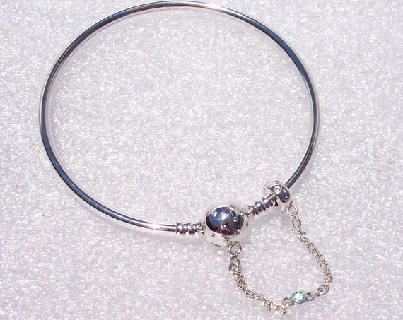 TRUE UNIQUENESS, Pandora, Limited Edition, One Of A Kind, Bangle, Charm Bracelet, Clear CZ, Safety Chain, Protection