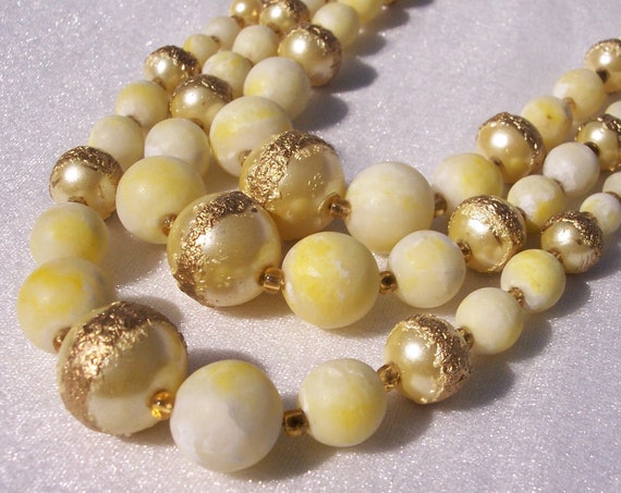BIB Necklace, Yellow, Gold Swirl, 3 Strands, Glass, Swirl Beads, Graduated, Amber Spacers, JAPAN, High End, Vintage Jewelry, Choker,Designer
