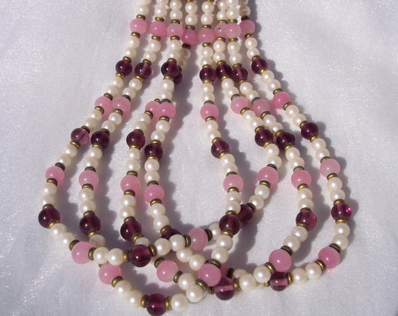 Designer Necklace, Sandra David, 4 Strands, Purple, Pink, Champagne, Glass Beads, Vintage Jewelry, Hallmarked, High Fashion, Dress, Textured