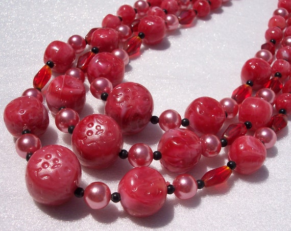 BIB Necklace, Vintage Jewelry, Multi Strand, Glass Beads,Lucite,Pink Shimmer,Rose,Textured Beads,Glass Spacers,High Fashion,Choker,Mod,Prom