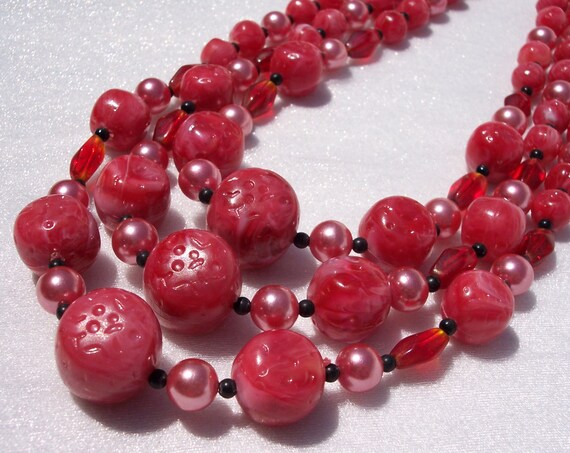 Necklace, Multi Strand, Glass, Lucite, Pink, Rose, Two Tone Beads, Black Spacers, High Fashion, 3 Strand Bib, Choker, Vintage Jewelry