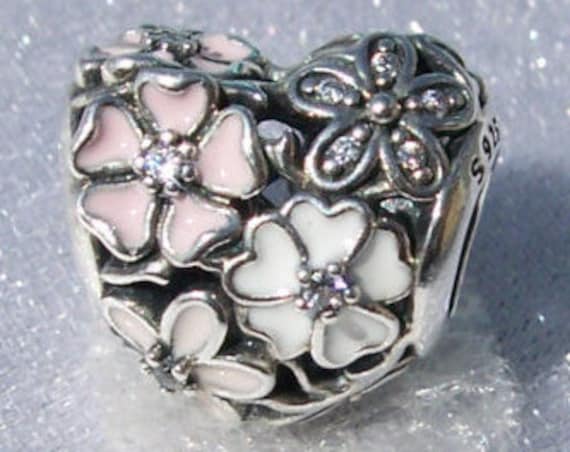 Poetic Blooms Heart, Pandora, Bracelet Charm, Enamel, Floral, Sterling Silver, Retired, Clear CZ, Love, Spring, Flowers, Slider, Daisies