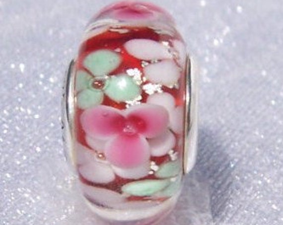 Flower Garden, Pandora Bracelet Charm, Floral, Miniature Garden, Sterling Silver, Iridescent, Murano Glass Bead, Fun Colors, Serine, Calming