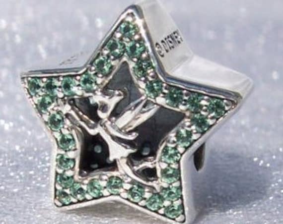 Tinker Bell Star, Pandora Disney, Bracelet Charm, Magical Fairy Dust, Glittering, Touch Of Luck, Dazzling, Slider, Green CZ, Sterling Silver