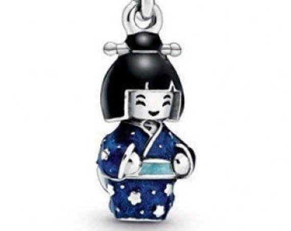 Japanese Doll Charm, Blue Kimono, Pandora, Geisha, Bracelet Bead, Feminine Power, Intrigue, Blue Crystal,Enameled,Travel,Culture,925, Dangle