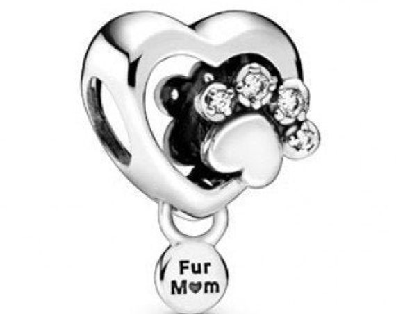 Paw Print Charm, Sparkling Heart, Pandora, Fur MOM, Bracelet Bead, Heart Paw Print, 925, Clear CZ, Animals, Furry Family Members, Dog, Cat