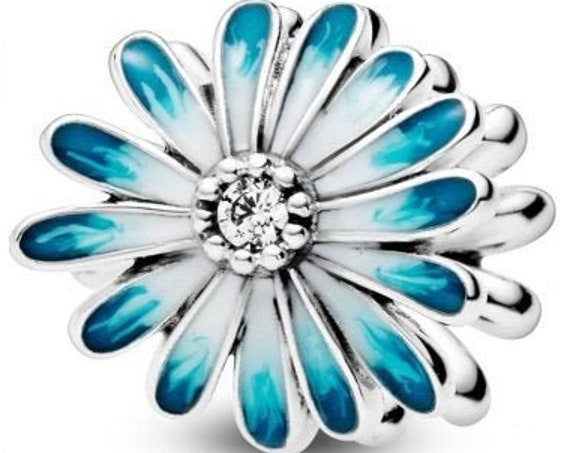 Blue Daisy Charm, Flower,Pandora, Feminine,Floral, Enameled, Clear CZ,Chubby,Resilient, Freedom,Petals,Springtime,Double Sided,Spring Beads,
