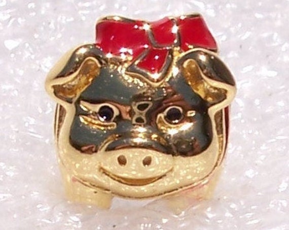 Piggy Bank, Pandora SHINE, Bracelet Charm, Chinese New Year, Over Silver, 18K Plated, Red Enamel Bow, Career, Prosperity, Luck, Wealth