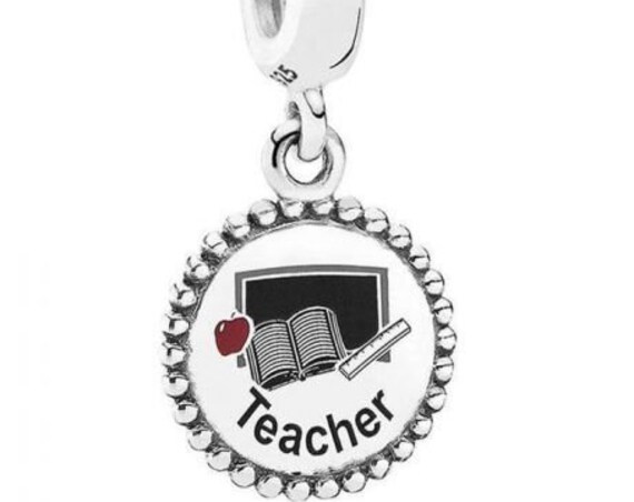 TEACHER, Pandora, Bracelet Charm, Silver, Enamel, Dedicated, Passionate, Red Apple, Books, Study, Tutor, Instructor, Knowledge, Insight