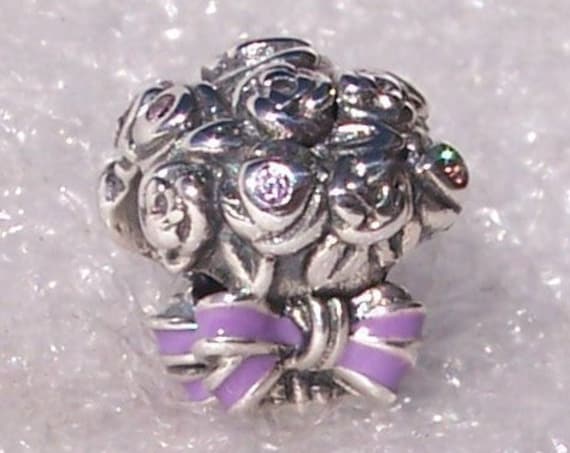 Celebration Bouquet, Pandora, Bracelet Charm, Lilac, Crafted Roses, Pink Crystal, Purple Enamel, Sterling Silver, Wedding, Floral, Prom