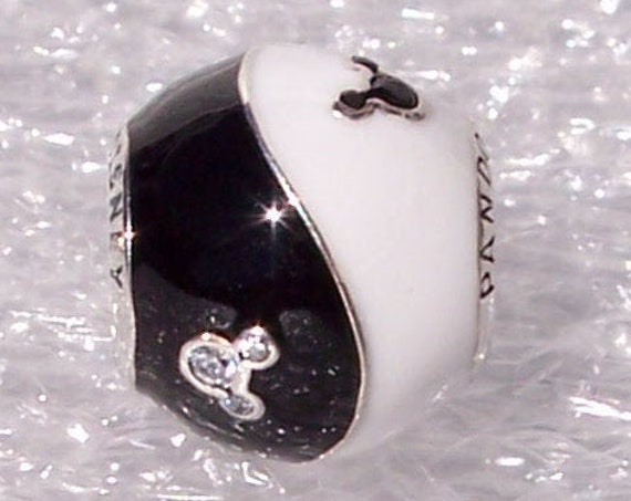 Yin Yang, Mickey Mouse, Pandora Disney, Bracelet Charm, Discontinued, Black White Enamel, Shimmering CZS, Mickey Icon, Slider, Silver