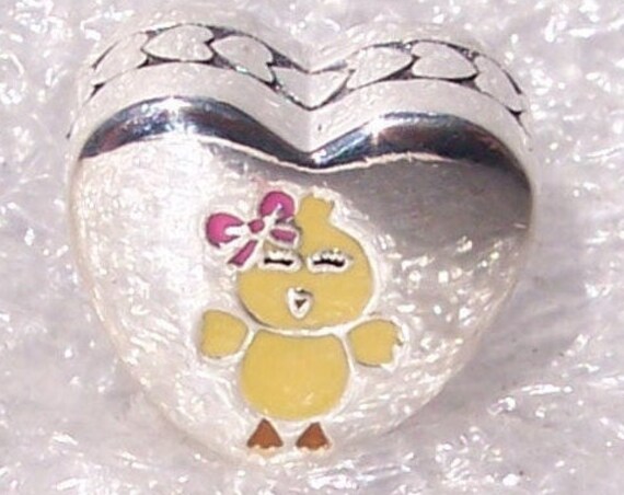 My Favorite Chick, Pandora, Bracelet Charm, Yellow Chick, Heart, Cheerful, Pink Bow, Yellow, Smiling Eyes, Silver, Enamel