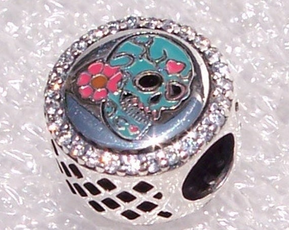 Day Of The Dead, Pandora, Dia De Los Muertos, Bracelet Charm, BLUE, Sugar Skull Icon, Mexican Holiday, Mexico, CZ, Enamel, Silver, Slider