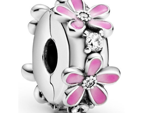 Pink Daisy Flower, Daisy Clip, Bracelet Charm, 925, Pink Enamel, Gift Ideas, Blooms, Adversity, Spring 2020, Clear CZ, Freedom, Resilience,