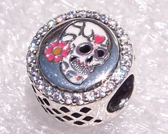 Day Of The Dead, Pandora, Dia De Los Muertos, Bracelet Charm, PINK, Sugar Skull Icon , Mexican Holiday, Mexico, CZ, Enamel, Silver, Slider