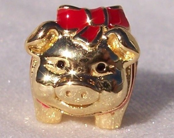 Piggy Bank, Pandora SHINE, Bracelet Charm, Chinese New Year, 18K Plated, Red Enamel Bow, Career, Prosperity, Luck, Wealth