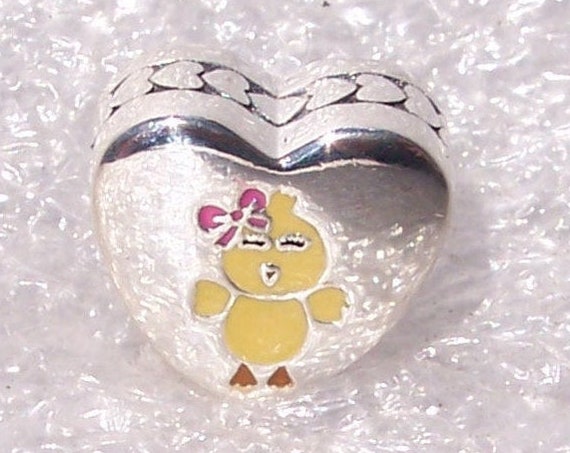 My Favorite Chick, Pandora, Bracelet Charm, Yellow Chick, Heart, Cheerful, Pink Bow, Yellow, Smiling Eyes, Silver, Enamel