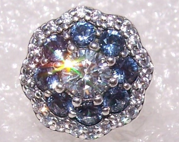 Blue, Sparkling Flower, Pandora, Bracelet Charm, Crystal, Clear CZ, Dramatic Glamour, Elegant, Radiant, Sterling Silver, Slider, Spring