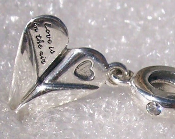 PAPER AIRPLANE, Heart, Pandora, Bracelet Charm, Love Is In The Air, Sterling Silver, Creative, Sending Love, Clear CZ, Dangle, Engraved