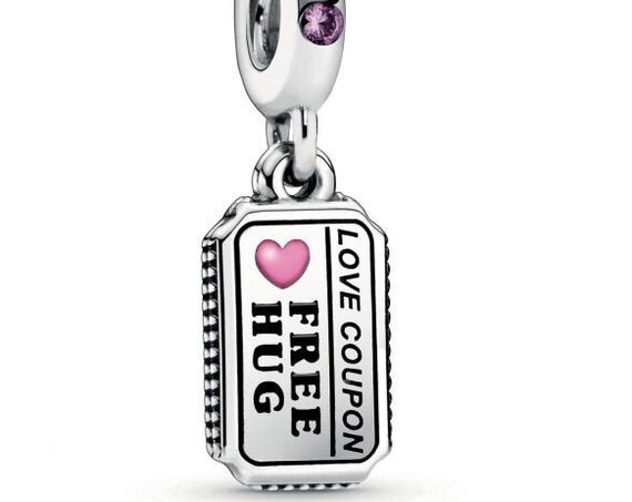 Love Coupon, Pandora, Bracelet Charm, Free HUGS, Kisses, 925, Dangle, Enamel, Raspberry Pink, Crimson Red, Synthetic Sapphires, Engraved