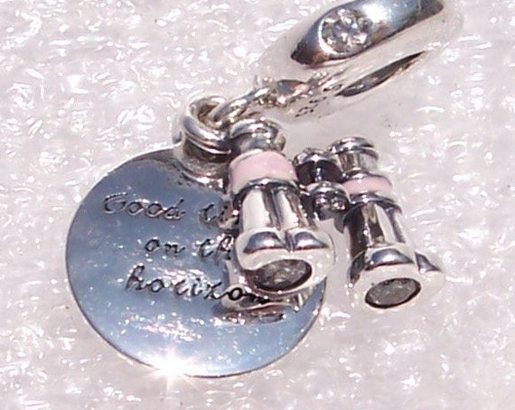 Heart Binoculars, Pandora, Bracelet Charm, Travel Memories, Good Times, On The Horizon, Dangle, Silver, 2019, Pink Enamel, Clear CZ