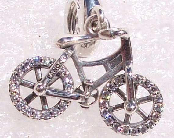 Brilliant Bicycle, Pandora, Dangle, Bracelet Charm, Embellished, Bling, Cyclist, Memories, Family Time, Clear CZ, Rotating Wheels, Silver