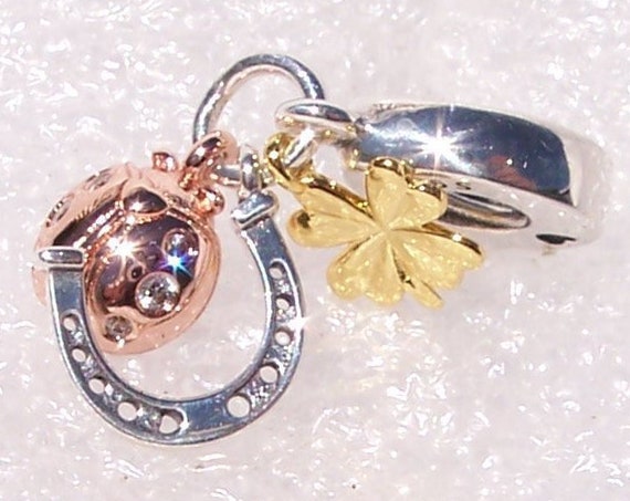 Horseshoe Clover, Ladybird Pandora, Dangle, Spring, Bracelet Charm, ROSE, Shine, 3 Tone, Clear CZ, 2019, Sterling Silver