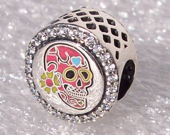 Day Of The Dead, Pandora, Dia De Los Muertos, Bracelet Charm, PINK, Sugar Skull Icon, Mexican Holiday, Mexico, Clear CZ, Enamel, 925, Slider