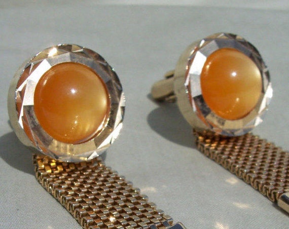 Cuff Links, Butterscotch, Moonstone, Cabochon, Gold Tone Mesh, High End, Retro, Designer, Vintage Jewelry, Fashionable,