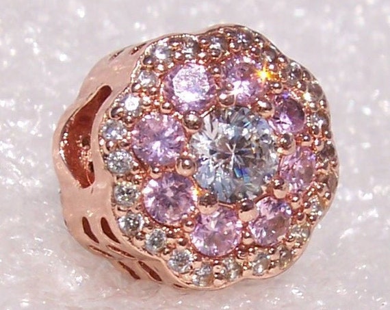 Pink, Sparkling Flower, Pandora Rose, Bracelet Charm, Bouquet, Halo, Cut Out Hearts, Romantic, Pink Crystal, Clear CZ, Elegant, Slider