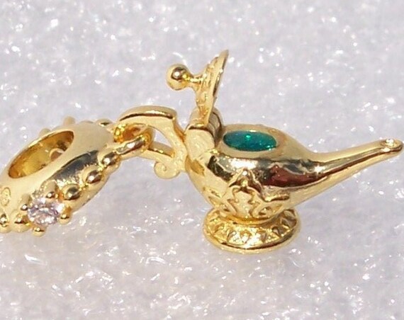 MAGIC LAMP, Disney, Pandora SHINE, Bracelet Charm, Genie Lamp, 18K Gold Plated, Green Enamel, Sterling Silver, Majestic, Clear Cz
