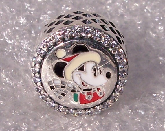 Mickey Mouse Noel, Holiday, Pandora Disney World, Exclusive, Minnie, Bracelet Charm, Enamel, 925, Clear CZ, Slider, Checkered Scarf, Dapper