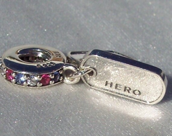 Hero, Dog Tags, Pandora, Dangle, Bracelet Charm, Embellished, Red, Blue, Clear CZ, Tribute, Brave, Sterling Silver, Solders, USA Of America